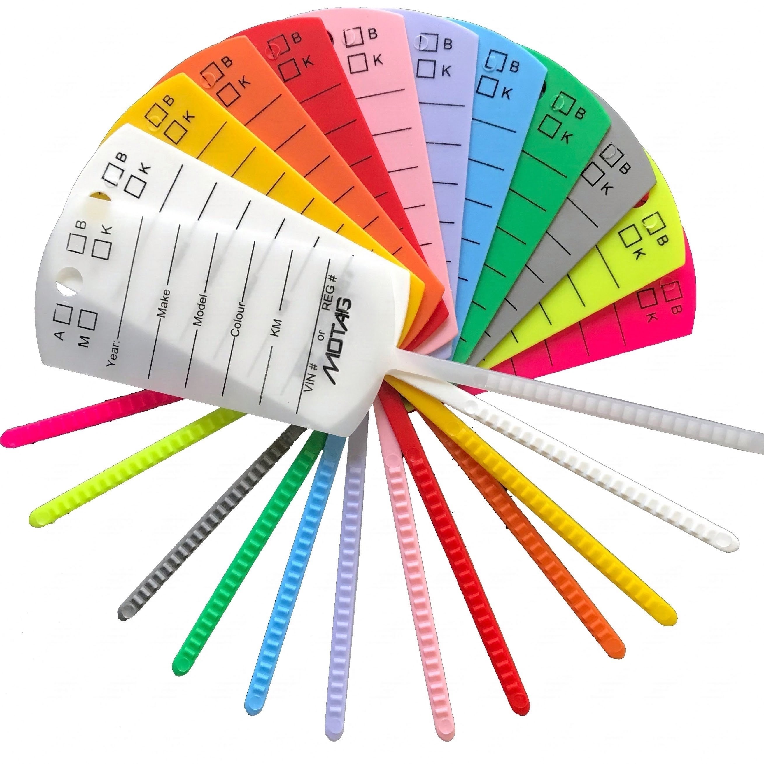 Printed and unprinted plastic tags for identification and marking.